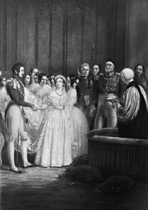 A cerimônia de casamento da Rainha Vitória e do Príncipe Albert em 10 de fevereiro de 1840 de English School